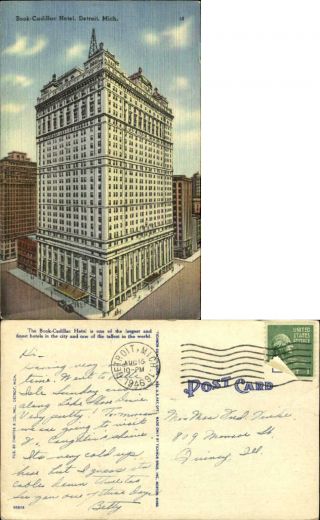 Hotel Book Cadillac Detroit Michigan Mi Vintage Linen Postcard Mailed 1946