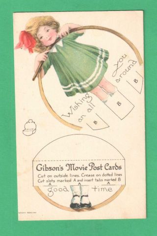 Vintage Gibson " Movie " Novelty Cut - Out Art Postcard Girl Hula Hoop