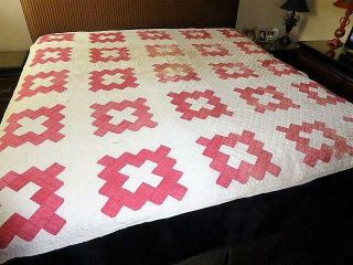 Vintage Handmade Red & White Red Cross Quilt 84 " By 82 "