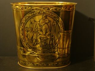 Early American Colonial Vtg Brass Tin Waste Basket Tavern Scene
