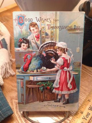 Vintage Thanksgiving Postcard Girl In Red Decorating Turkey W/little Amer Flags