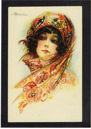 Busi Artist Signed Old Postcard Glamour Woman In Coloured Headscarf