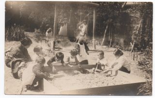 Adorable 1915 Rppc Postcard Of Children In Sand Box & On Swings Fuknoka Japan