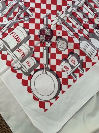 Vintage Printed Kitchen Themed Tablecloth W/canisters Utensils Red White & Gray