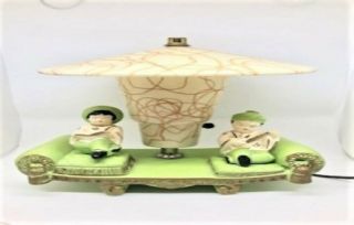 Vintage 1950s Mid - Century Chartreuse Chalkware Tv Lamp,  Asian Theme; Metro Ware