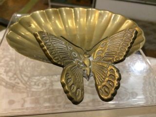 Vintage Antique Mid Century Modern Footed Brass Butterfly Jewelry Trinket Dish