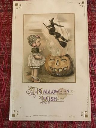 Antique Embossed Halloween Postcard W/ Jack - O - Lantern & Witch Greeting Card
