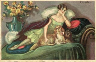 Beauty And Spaniel Dog Fine Old Art Deco Postcard Chiostri