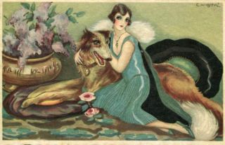 Beauty And Borzoi Dog Fine Old Art Deco Postcard Chiostri