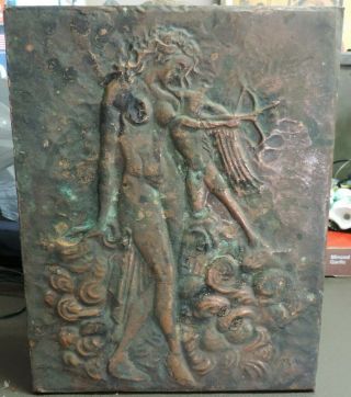Vintage Arts & Craft Copper Picture Of Greek Goddess & Cupid Mounted On Wood