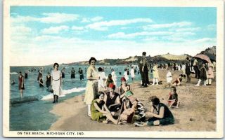 Michigan City,  Indiana Postcard " On The Beach " Bathing Scene Girls C1920s