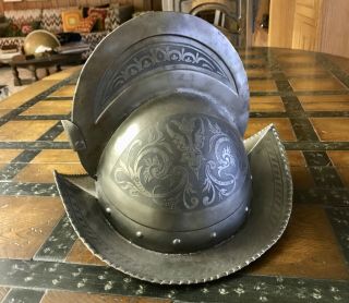 Medieval Armor From Toledo,  Spain Engraved Spanish Morion Helmet (conquistador)