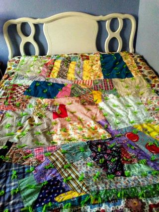 Vintage 1970s Handmade Crazy Quilt 59 " X 80 " Very Colorful