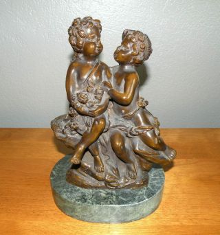 August Moreau Bronze Sculpture Of Boy & Girl With Roses Signed