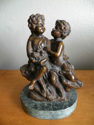 AUGUST MOREAU BRONZE SCULPTURE OF BOY & GIRL WITH ROSES SIGNED 3
