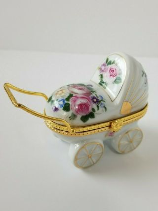 Baby Carriage Porcelain Trinket Box Vintage Floral Flower Design Hinged Stroller