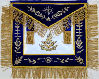Hand Embroidered Masonic Past Master Apron Blue Bullion Vine Work (ma - 448 Bl)