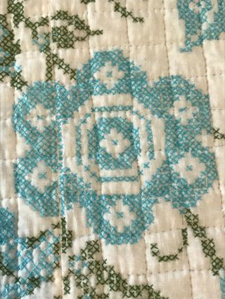 Vintage Quilt Cross Stitch Embroidered Blue Floral Hand Machine Sewn 77 