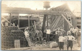 Vintage Rppc Real Photo Postcard Building Construction Scene / Workers C1910s