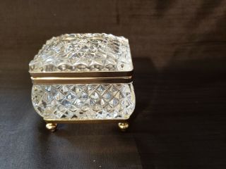 Heavy Rock Cut Lidded Crystal Clear Glass Gold Trim Dresser Trinket Box