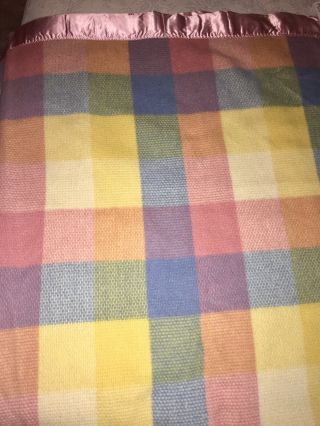 Vintage North Star Pastel Plaid 100 Wool Satin Trim Blanket 72” X 90 "