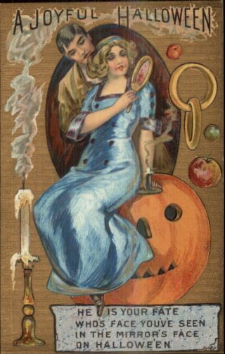 Halloween - Woman Looking In Mirror Handsome Man C1910 Postcard