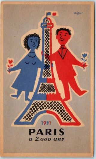 1951 Paris France 2000th Anniversary Postcard Poster Art Artist - Signed Savignac