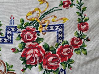 Vintage Authentic Roses Embroidery White Red Blue Cotton Tablecloth 52 " X 52 "
