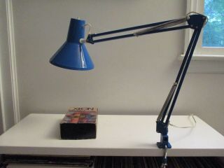Vtg Mid - Century Danish Modern Blue Hcf Denmark Clamp Desk Drafting Table Lamp