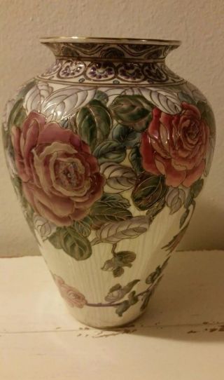 Toyo Porcelain Vase W/ Elegant Hand Painted Raised Floral Motif And Gold Trim