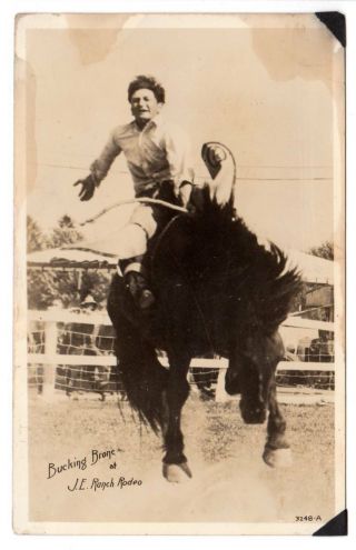 Rppc Real Photo Postcard Bucking Bronc J.  E.  Ranch Rodeo Cowboy Western Horse K
