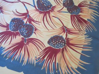 Vtg 1950s Bold Blue/pink/maroon Pine/cones Heavy Cotton Print Tablecloth 59x69 "