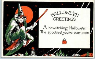 Vintage Halloween Greetings Postcard Witch On Broom Miller Art Co 1275 C1910s
