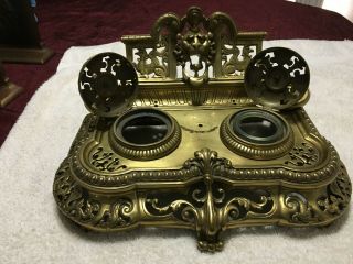 Large Antique Victorian Gilt Bronze Figural Double Inkwell Inkstand