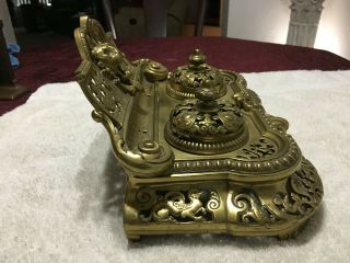 Large antique Victorian gilt bronze figural double inkwell inkstand 4