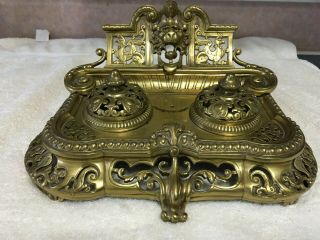 Large antique Victorian gilt bronze figural double inkwell inkstand 5