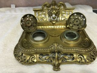 Large antique Victorian gilt bronze figural double inkwell inkstand 6