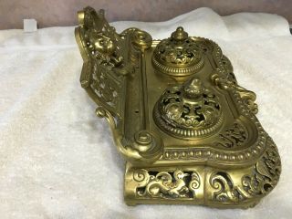 Large antique Victorian gilt bronze figural double inkwell inkstand 8