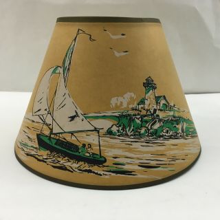Vintage 50s / 60s Nautical Lamp Shade Painted Paper Sailboat Lighthouse Seashore