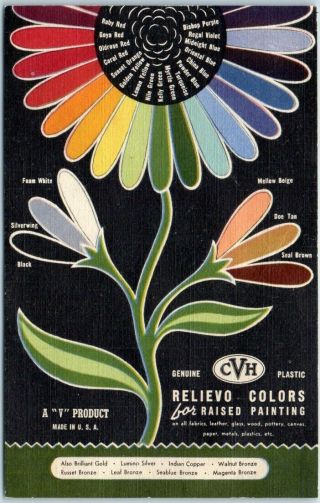 1940s Linen Adv.  Postcard " Relievo Colors For Raised Painting " Art Supplies