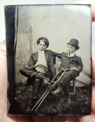 Antique Tintype Photograph Medical Crutches Dwarf Midget Little Person Sideshow