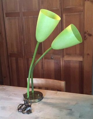 Vintage ‘60s Lamp Classic Avocado Green Fiberglass Dome Bend Arm Brass