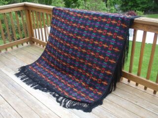 Vtg Pendleton Beaver State Rainbow Shawl Wool Blanket Fringed Throw Aztec Black