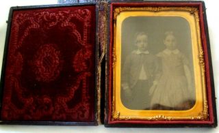 Antique Photograph Ambrotype Of Girl & Boy Brown Case,