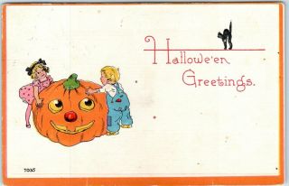 Vintage Bergman 7035 Halloween Postcard Boy Girl / Giant Jol Jack O 