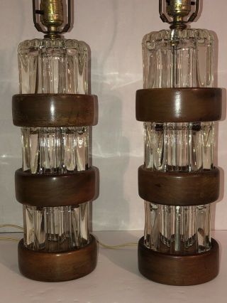 Rare Pair Mid Century Modern Table Lamp Ribbed Glass Blocks Danish Teak Wood