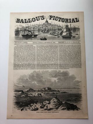 1856 Ballou’s Pictorial Print View Of Lowell Island Salem Harbor Ma 122018