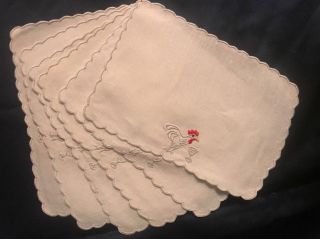 Fab Vintage Set Of 6 Hand Embroidered Roosters White Madeira Cocktail Napkins