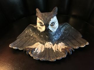 Vintage Hand - Painted Cast Iron Owl Inkwell & Tray - Artist Signed