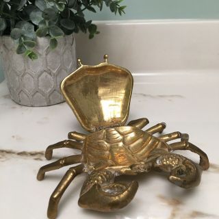 Vintage Solid Brass Crab Ashtray 6” Trinket Box Hinged Jewelry Compartment India